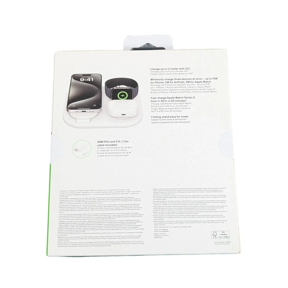 BbN Belkin Boost Charge 3-in-1 Qi2 15W Magnetic Foldable Charger w/ Magsafe Whte